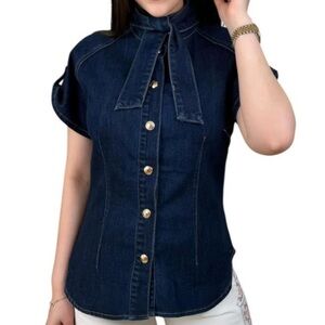 Dark Blue Denim Button-Down Top with Neck Tie